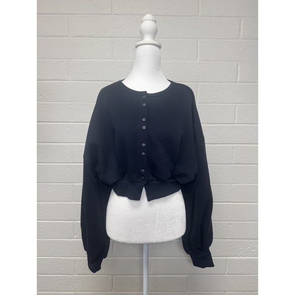Lattelier Tops - Latte Cropped Button-Front Balloon Sleeve Sweatshirt Navy